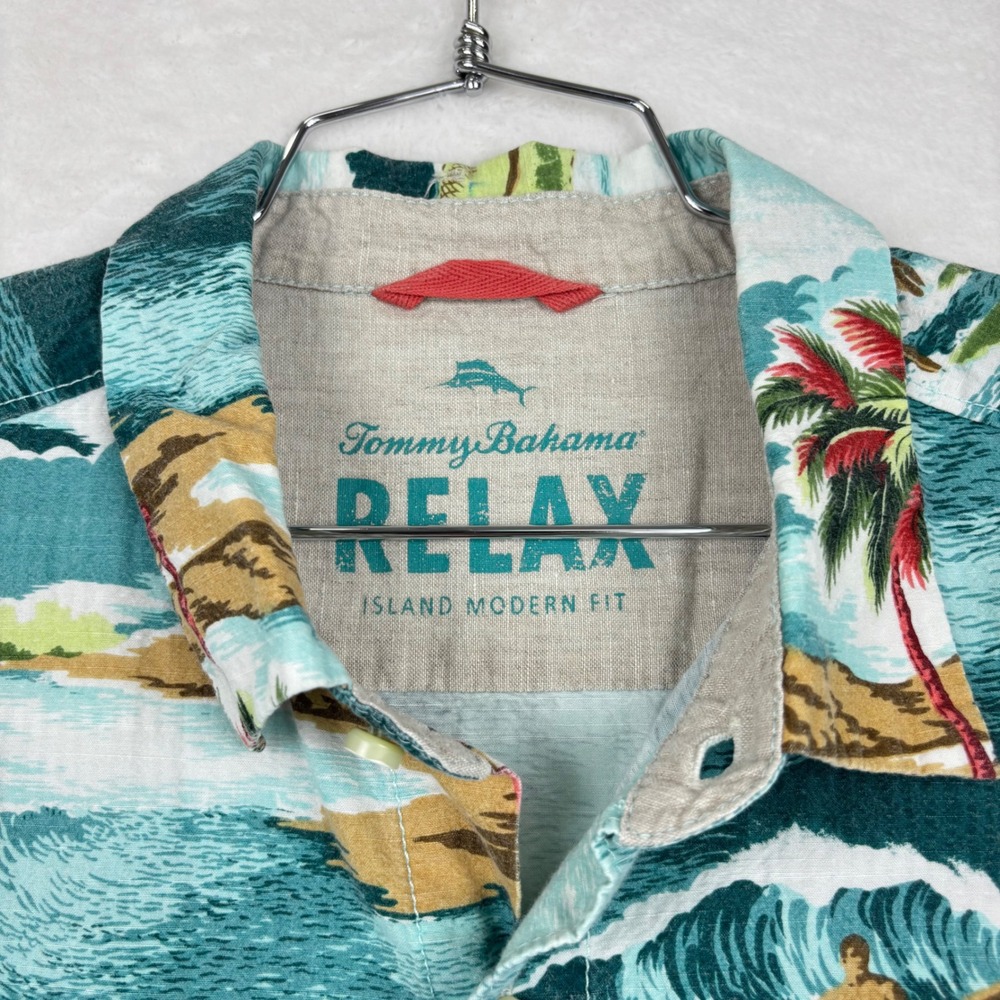 Tommy Bahama Relax Island Modern Fit Teal Tropical Surf Scene Shirt Mens Large - Picture 2 of 6